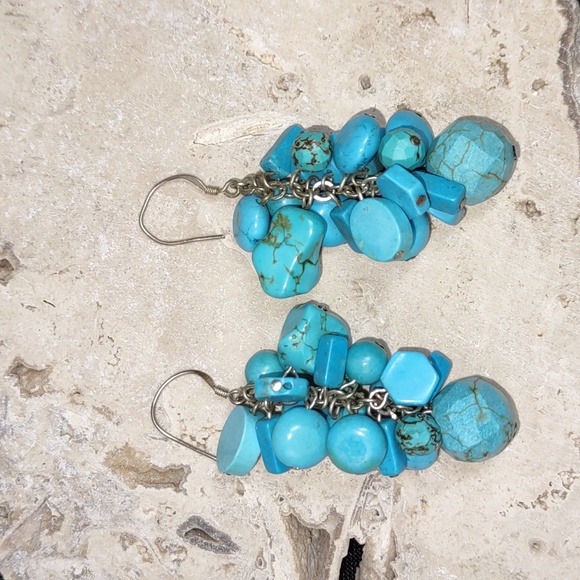 Sterling Silver/Turquoise Howlite Cluster Dangle Earrings - Picture 1 of 4